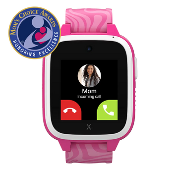 Pink children's smartwatch with screen displaying a call from 'Mom' and Mom's Choice Awards logo.