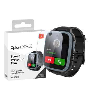 Xplora XGO3 screen protector film shown with its packaging and installed on a smartwatch, providing high-quality optical protection for the screen