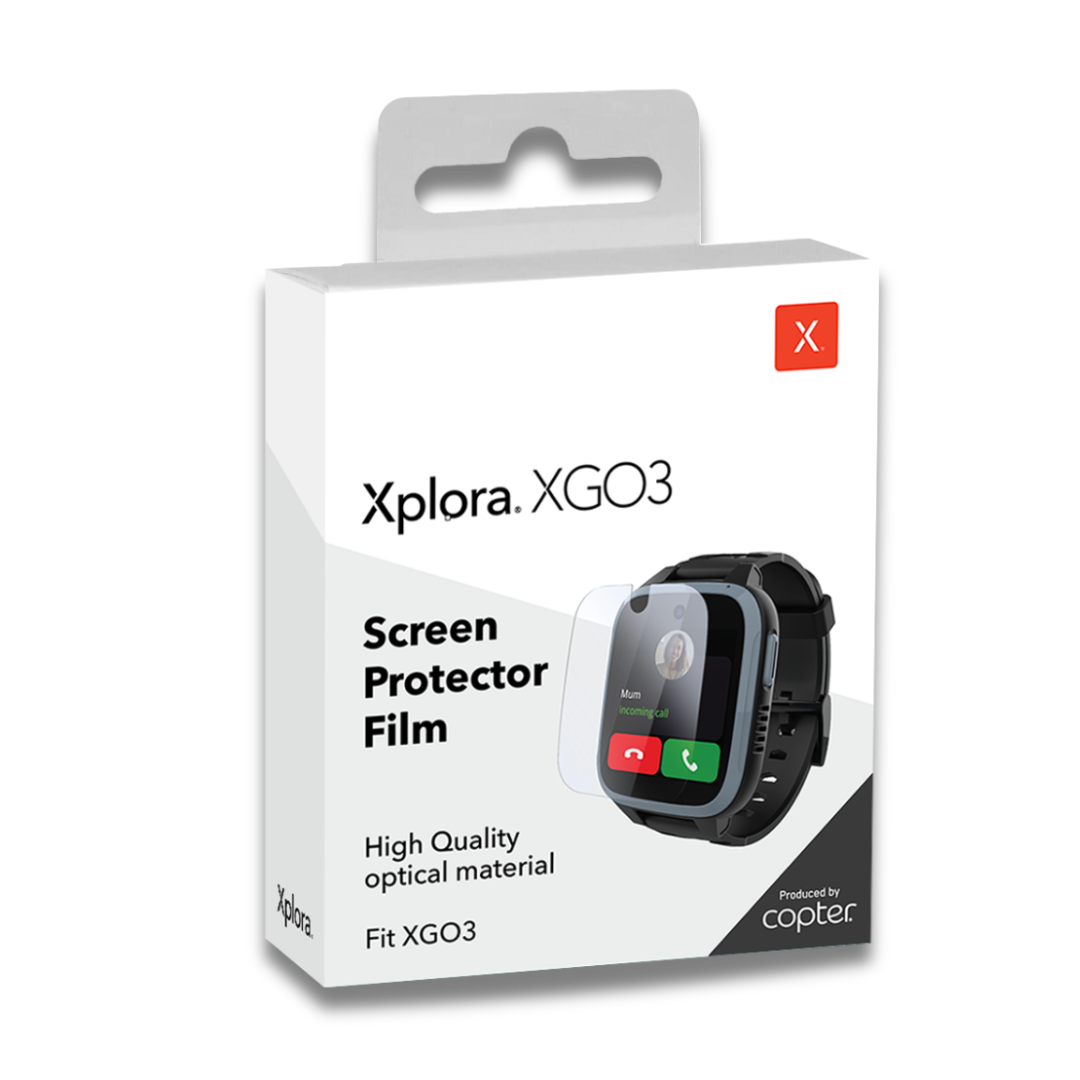 Close-up of the Xplora XGO3 screen protector packaging, emphasizing high-quality optical material for screen protection.