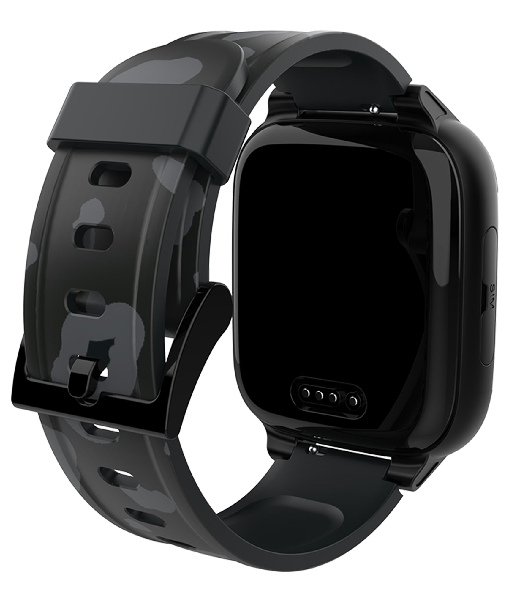 Rear view of a black smartwatch featuring a sleek leopard print band, designed for durability and modern style.