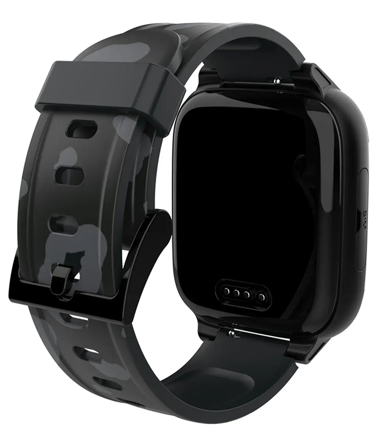 Rear view of a black smartwatch featuring a sleek leopard print band, designed for durability and modern style.