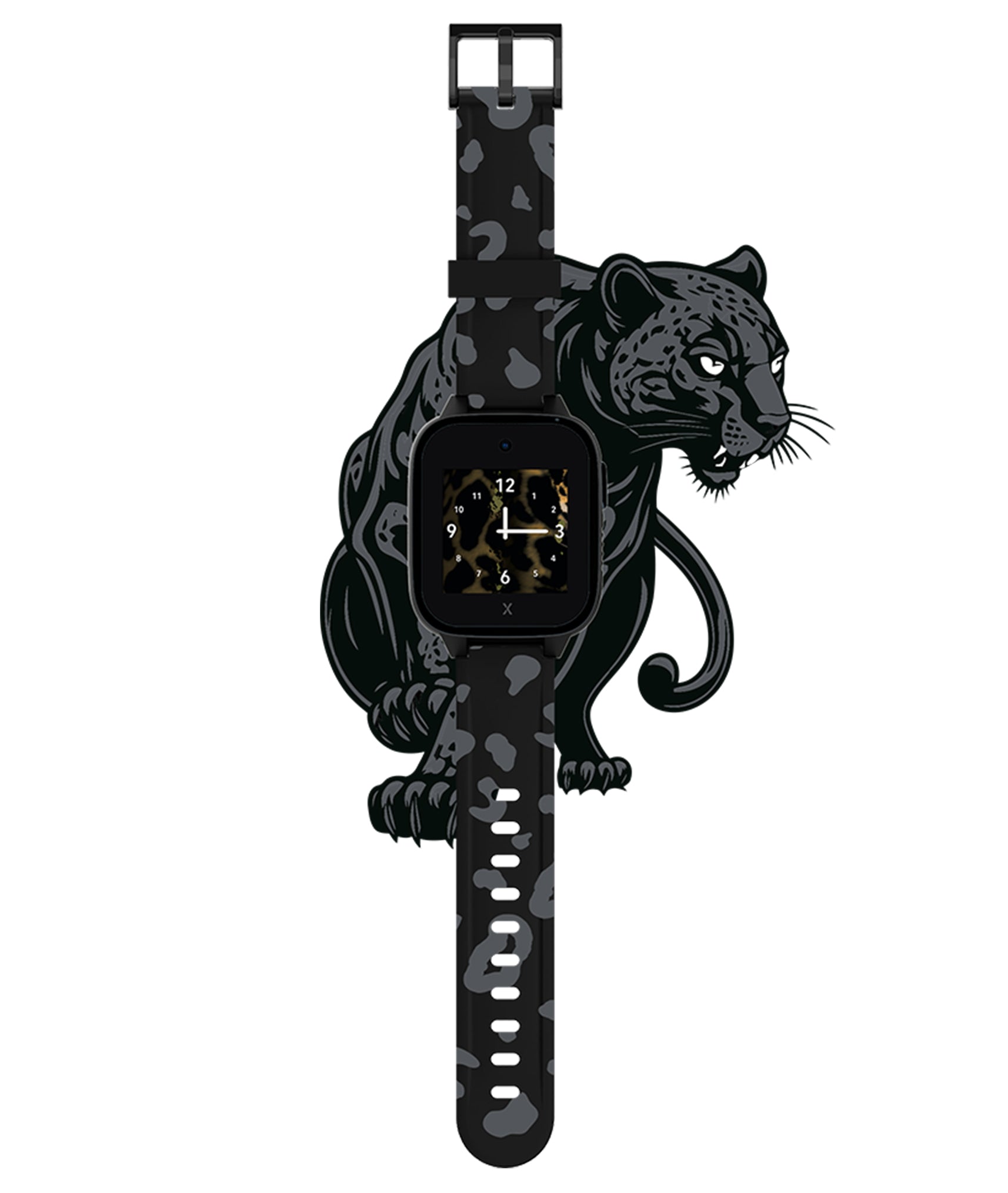 Flat-lay of the XGO3 Black Panther smartwatch featuring an analog clock face and a bold leopard-patterned strap. Perfect for kids who love adventurous designs