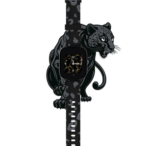 Flat-lay of the XGO3 Black Panther smartwatch featuring an analog clock face and a bold leopard-patterned strap. Perfect for kids who love adventurous designs