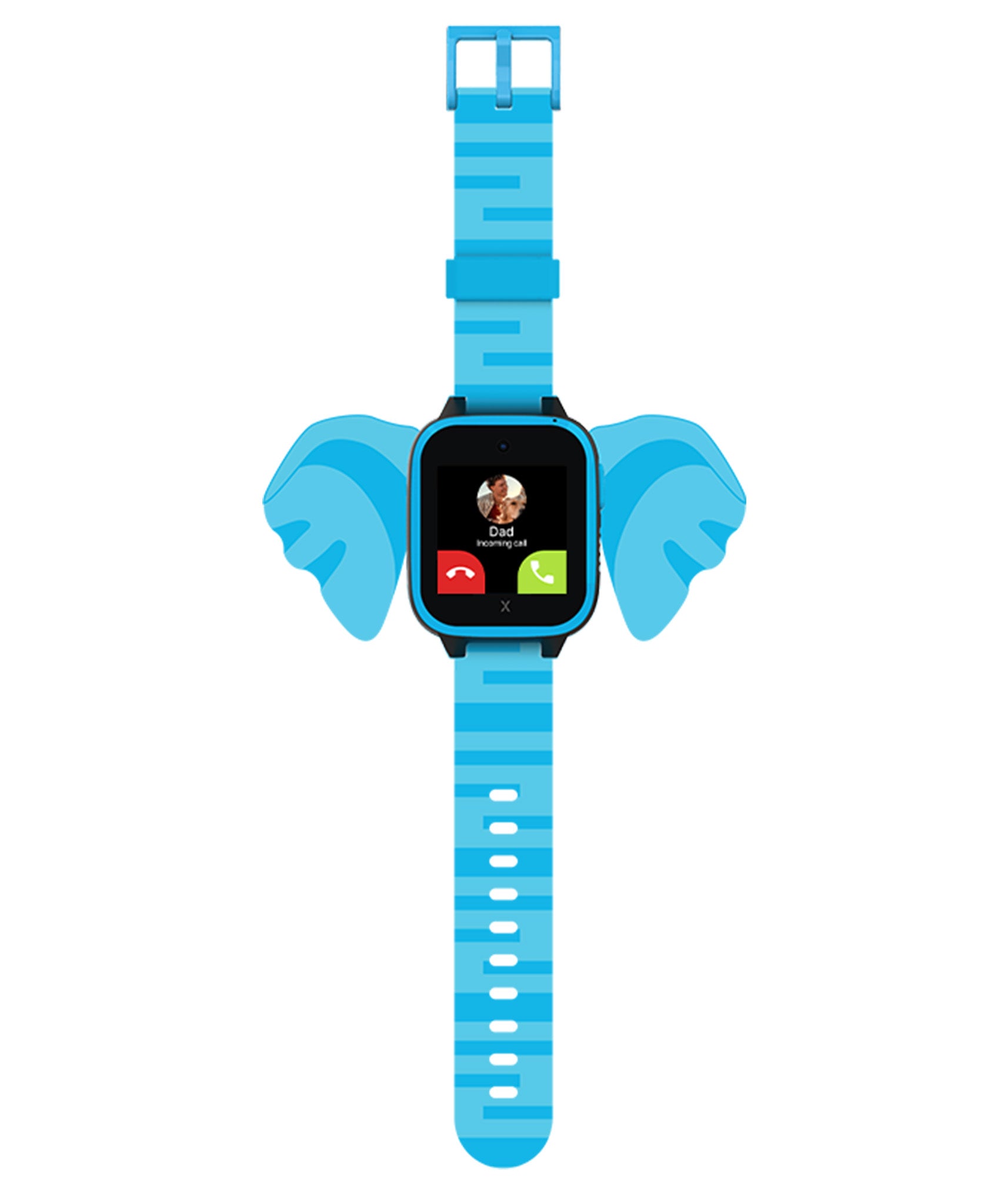 Flat-lay of the XGO3 Blue Elephant smartwatch featuring an incoming call from 'Dad.' Displayed with fun elephant-shaped accents and a blue-striped strap,