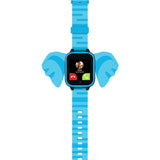 Flat-lay of the XGO3 Blue Elephant smartwatch featuring an incoming call from 'Dad.' Displayed with fun elephant-shaped accents and a blue-striped strap,