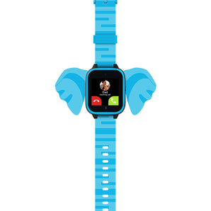 Flat-lay of the XGO3 Blue Elephant smartwatch featuring an incoming call from 'Dad.' Displayed with fun elephant-shaped accents and a blue-striped strap,