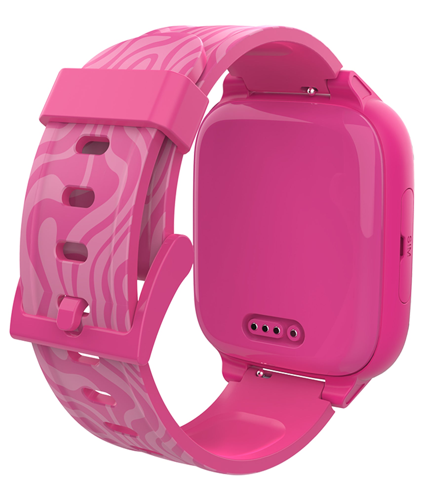 Rear view of a pink smartwatch featuring a playful zebra-patterned band, offering durability and vibrant design for kids.