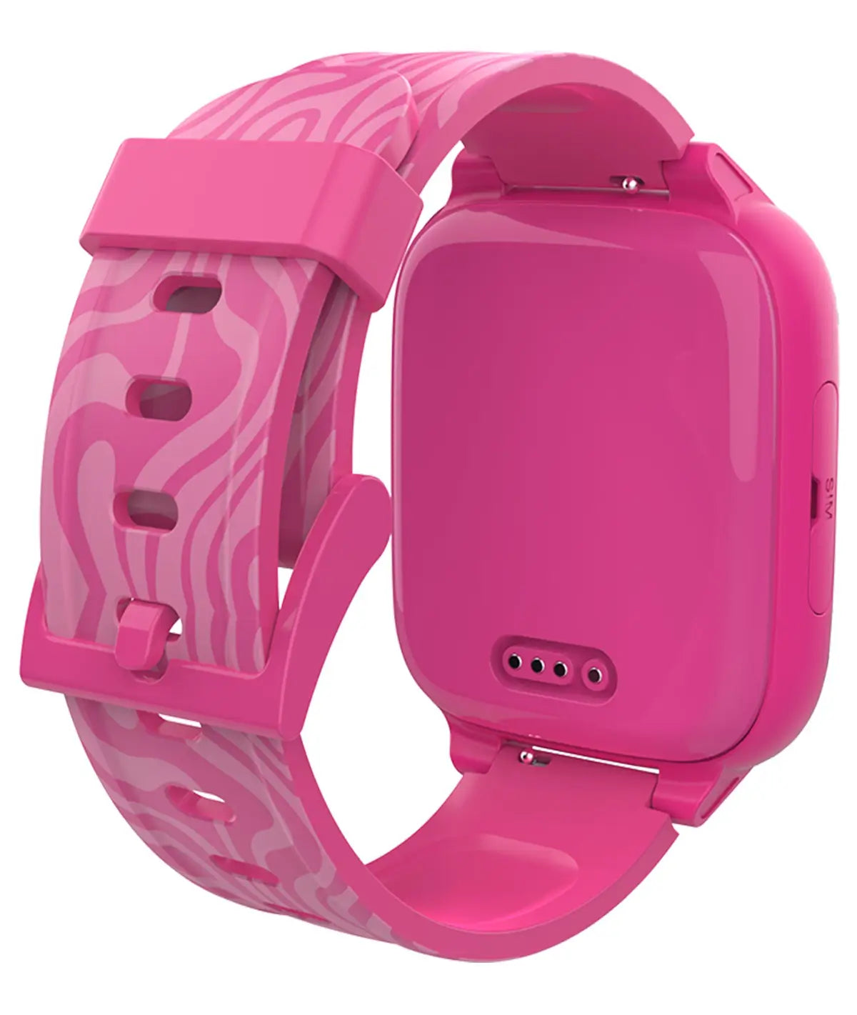 Rear view of a pink smartwatch featuring a playful zebra-patterned band, offering durability and vibrant design for kids.