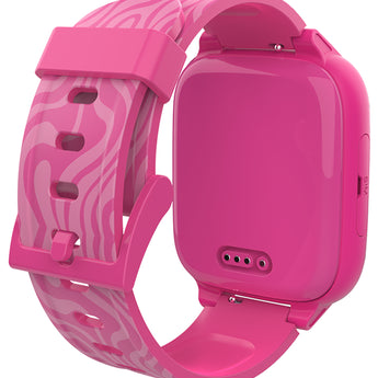 Rear view of a pink smartwatch featuring a playful zebra-patterned band, offering durability and vibrant design for kids.