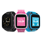 Three vibrant smartwatches displayed side by side, featuring designs for kids: black panther with camouflage, pink zebra with a swirl pattern, and blue elephant with playful graphics