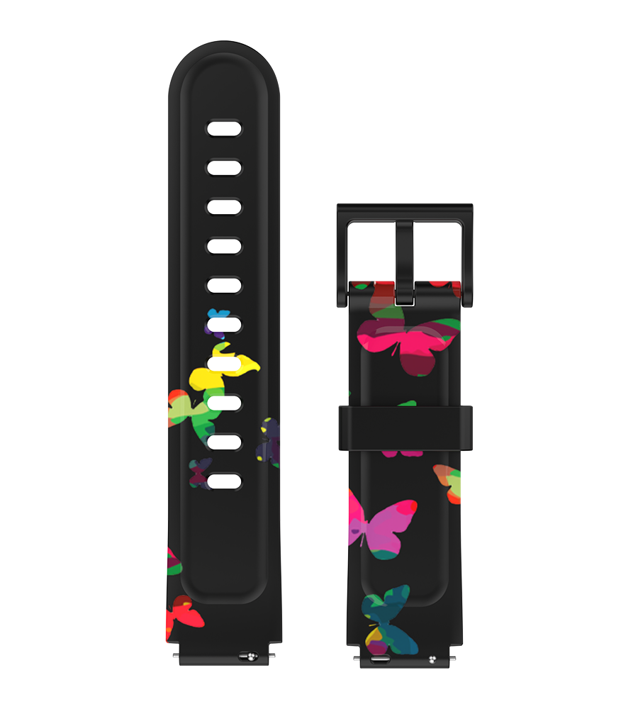 Black smartwatch strap with vibrant multicolor butterfly patterns, designed for a playful and stylish look.