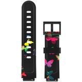 Black smartwatch strap with vibrant multicolor butterfly patterns, designed for a playful and stylish look.
