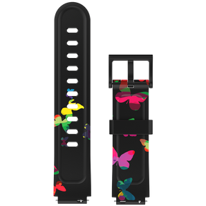 Black smartwatch strap with vibrant multicolor butterfly patterns, designed for a playful and stylish look.