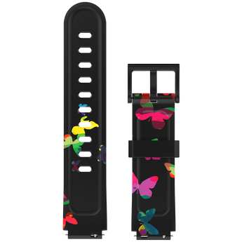 Black smartwatch strap with vibrant multicolor butterfly patterns, designed for a playful and stylish look.