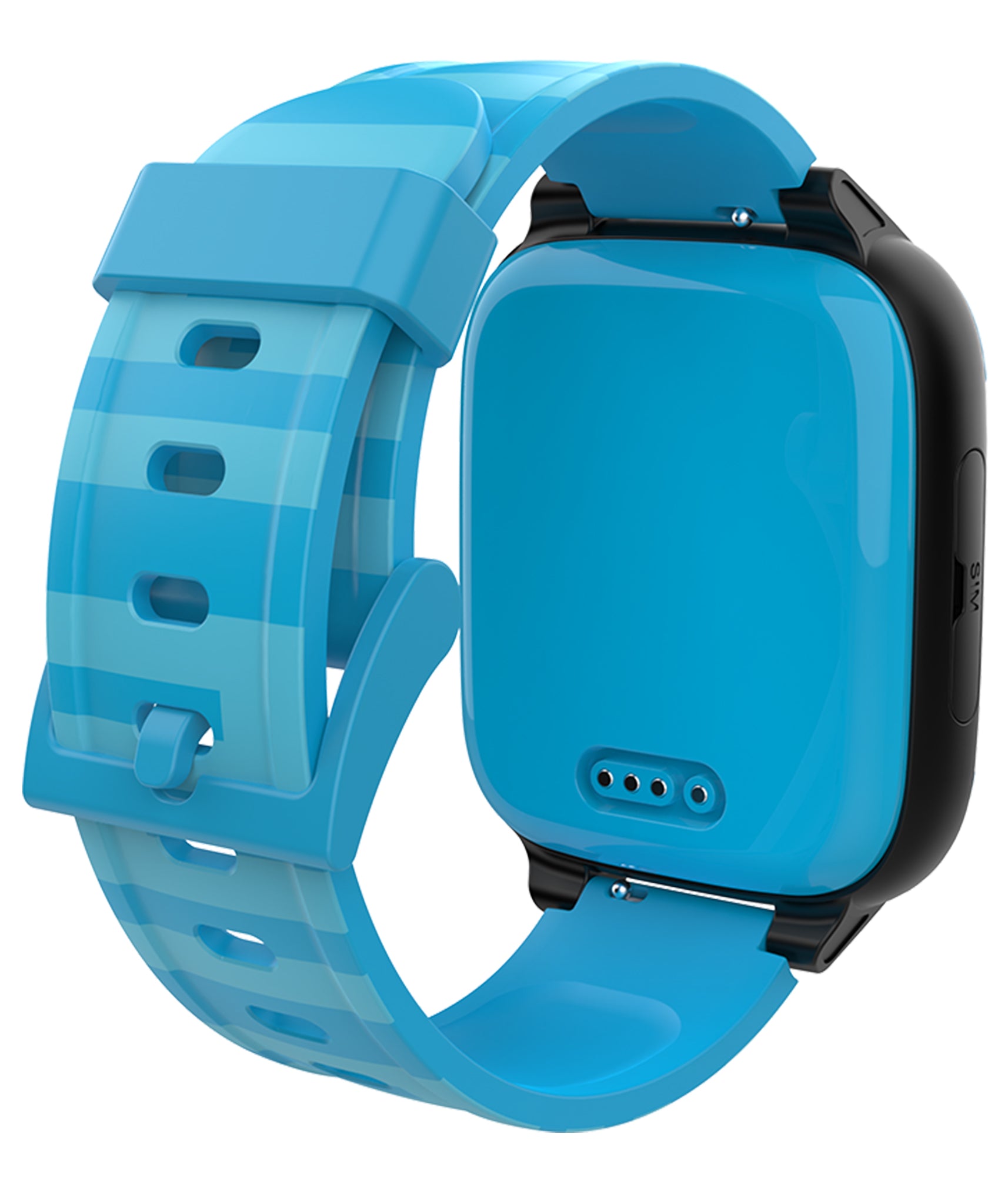 Rear view of a blue smartwatch featuring a striped band, designed for comfort and durability, ideal for active kids.