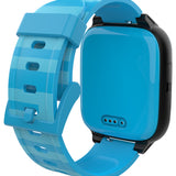 Rear view of a blue smartwatch featuring a striped band, designed for comfort and durability, ideal for active kids.