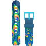 Blue smartwatch strap with a detailed and colorful peacock feather pattern, ideal for a bold and elegant look."