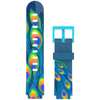 Blue smartwatch strap with a detailed and colorful peacock feather pattern, ideal for a bold and elegant look."