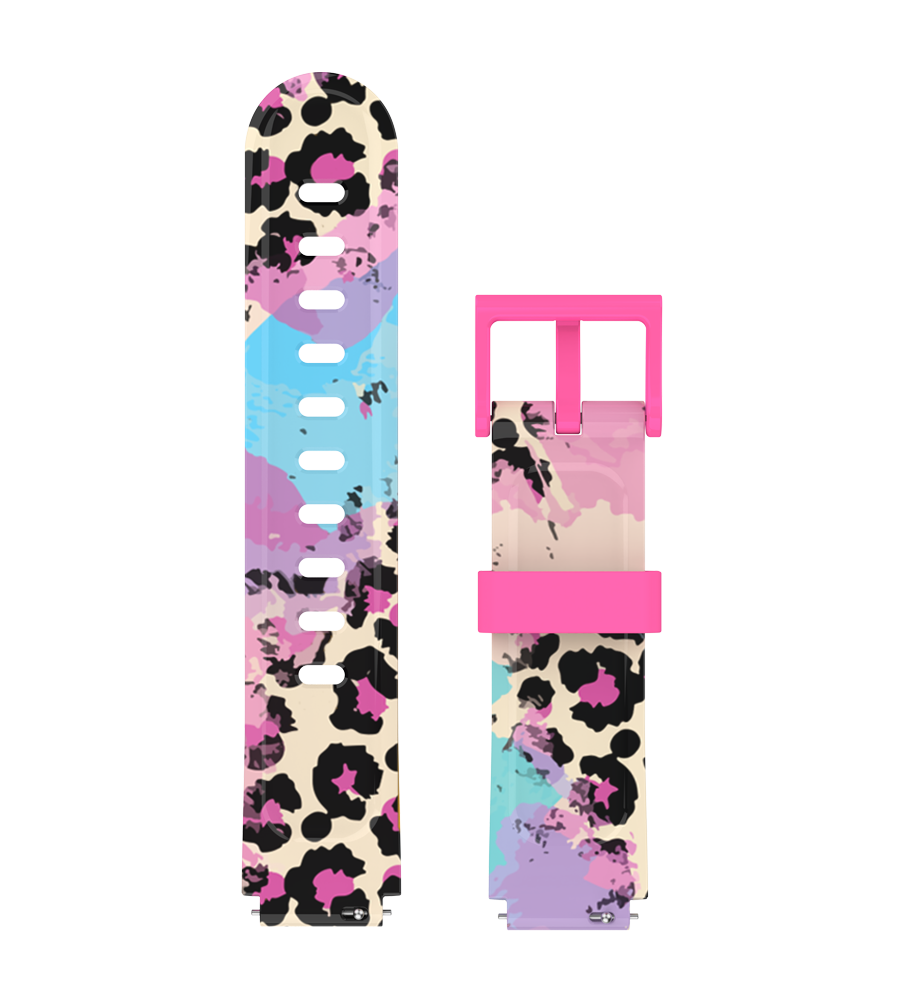 Pink smartwatch strap with a leopard print in vibrant pastel colors, offering a unique and stylish design.