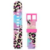 Pink smartwatch strap with a leopard print in vibrant pastel colors.