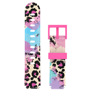 Pink smartwatch strap with a leopard print in vibrant pastel colors, offering a unique and stylish design.