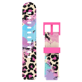 Pink smartwatch strap with a leopard print in vibrant pastel colors.