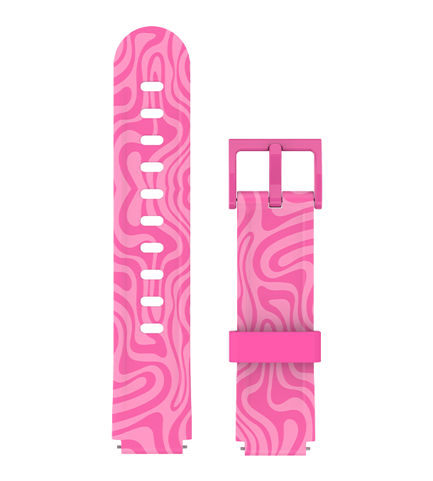 Pink smartwatch strap with a swirling zebra-inspired pattern.