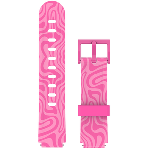 Pink smartwatch strap with a swirling zebra-inspired pattern.