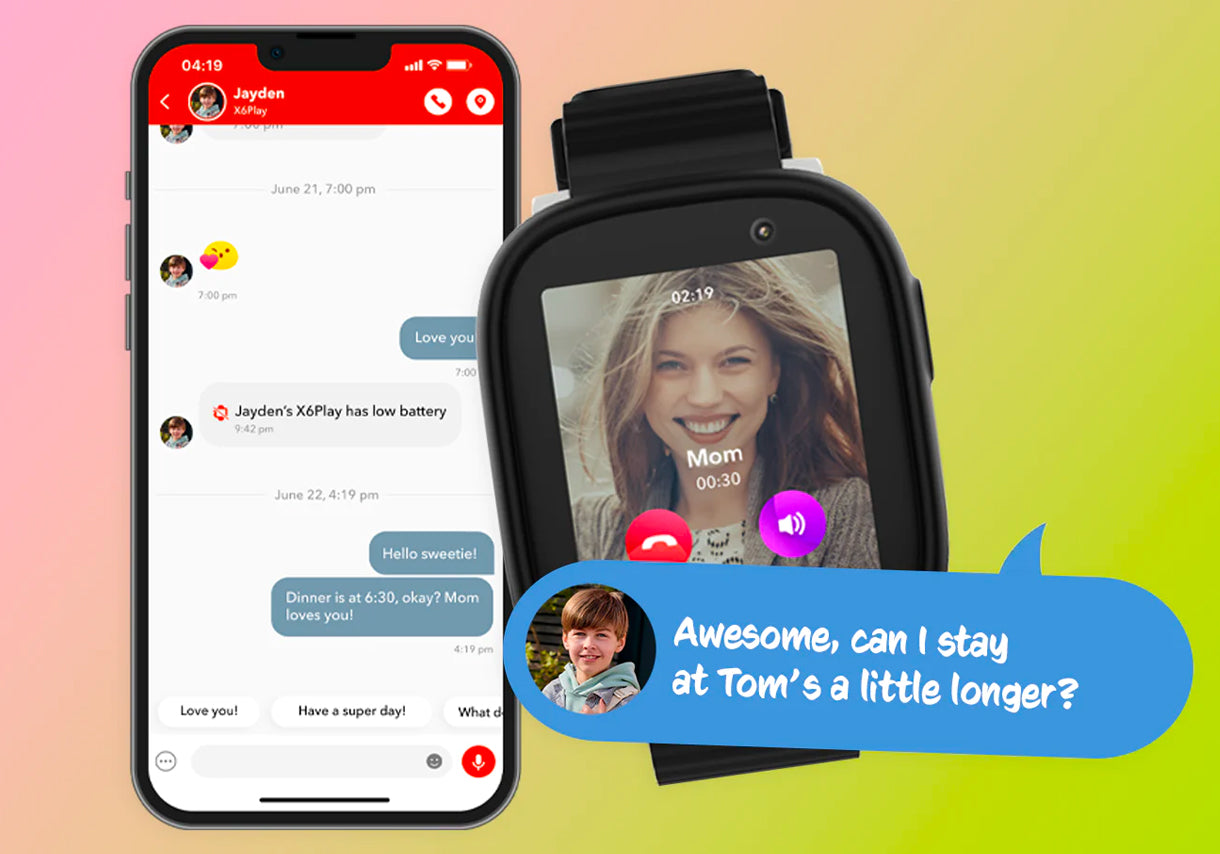 Xplora messaging app screenshot displaying a conversation between the child and parent with colored message bubbles and timestamps, with the black X6Play smarwatch, in front.
