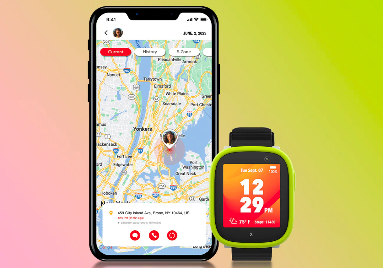 Xplora app screenshot featuring GPS functionality with a map displaying location and navigation details, next to the green X6Play smartwatch
