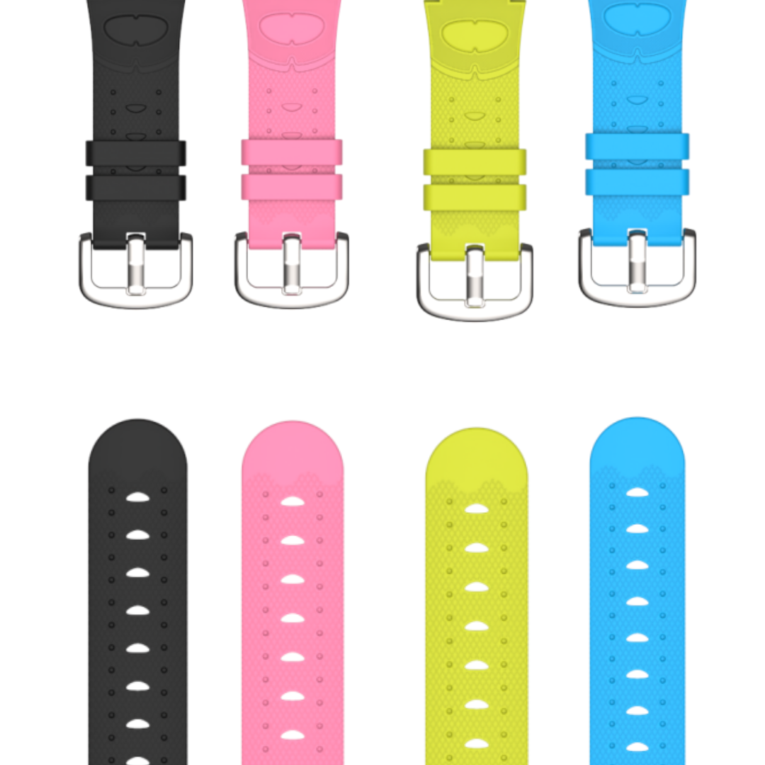 A selection of replaceable silicone wristbands for the Xplora XGO2 smartwatch in the colors blue, green, pink and black. Each bracelet has a metal buckle and a stylish design.