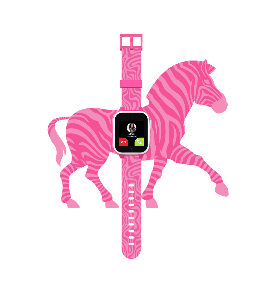 Pink smartwatch with a zebra-patterned band displayed over a matching pink zebra graphic, featuring an incoming call screen from 'Mom.'