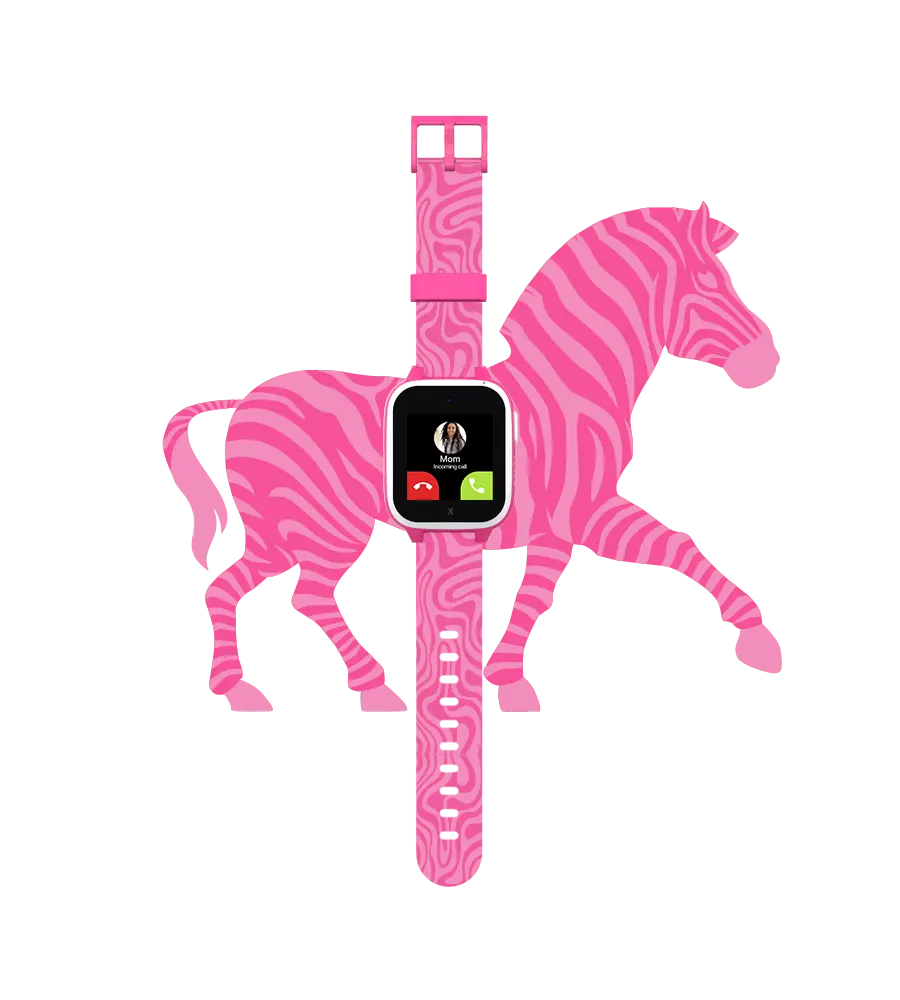 Pink smartwatch with a zebra-patterned band displayed over a matching pink zebra graphic, featuring an incoming call screen from 'Mom.'