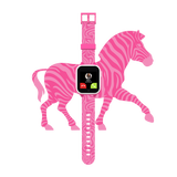 Pink smartwatch with a zebra-patterned band displayed over a matching pink zebra graphic, featuring an incoming call screen from 'Mom.'