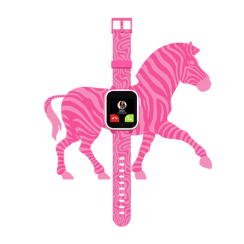 Pink smartwatch with a zebra-patterned band displayed over a matching pink zebra graphic, featuring an incoming call screen from 'Mom.'