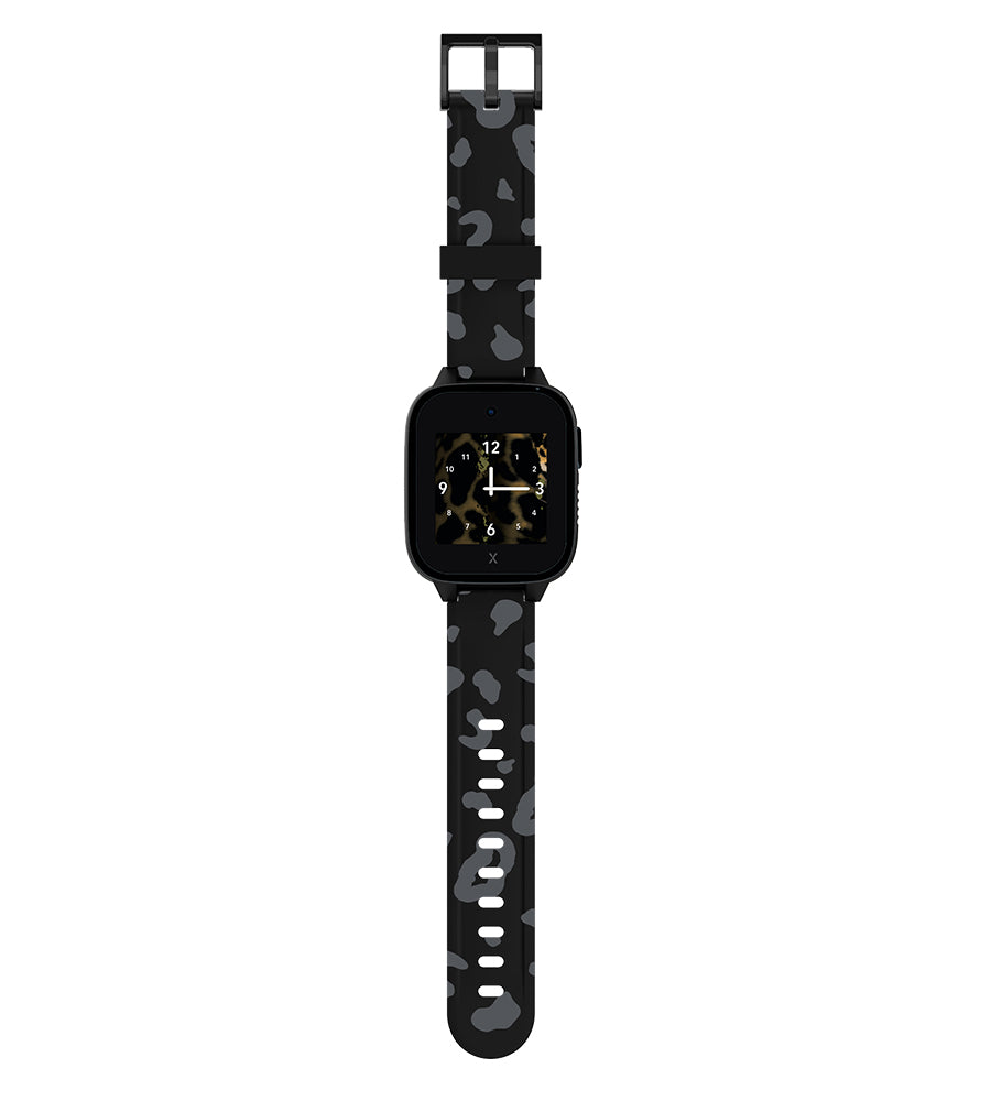 Black smartwatch with a camouflage-patterned strap and an analogue-style clock face, offering a stylish yet functional design for kids.