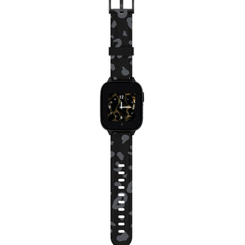 Black smartwatch with a camouflage-patterned strap and an analogue-style clock face, offering a stylish yet functional design for kids.