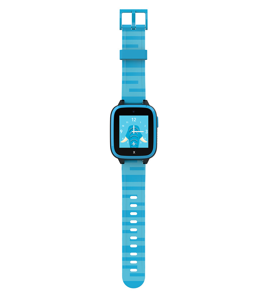Blue smartwatch with a striped band and a fun elephant-themed analogue-style clock face, perfect for children’s everyday use.