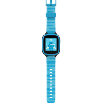 Blue smartwatch with a striped band and a fun elephant-themed analogue-style clock face, perfect for children’s everyday use.