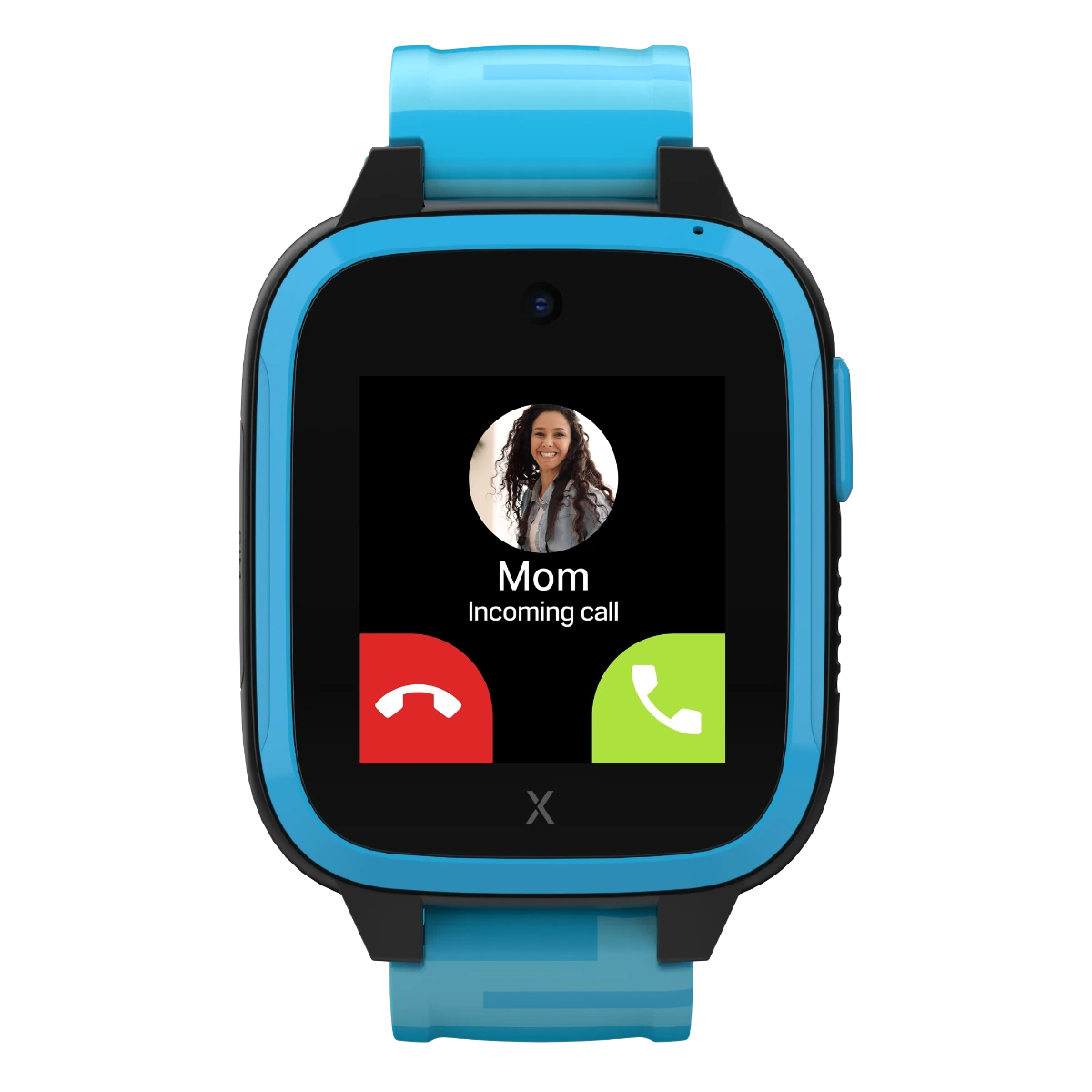 Blue smartwatch displaying an incoming call from 'Mom,' shown on a bright touchscreen interface with call-answer options