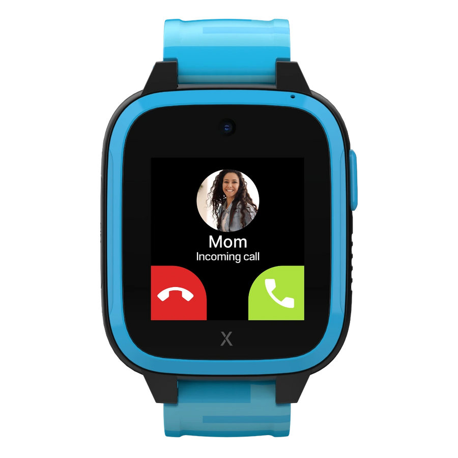 Blue smartwatch displaying an incoming call from 'Mom,' shown on a bright touchscreen interface with call-answer options