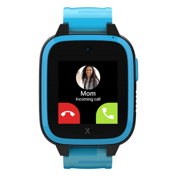Blue smartwatch displaying an incoming call from 'Mom,' shown on a bright touchscreen interface with call-answer options