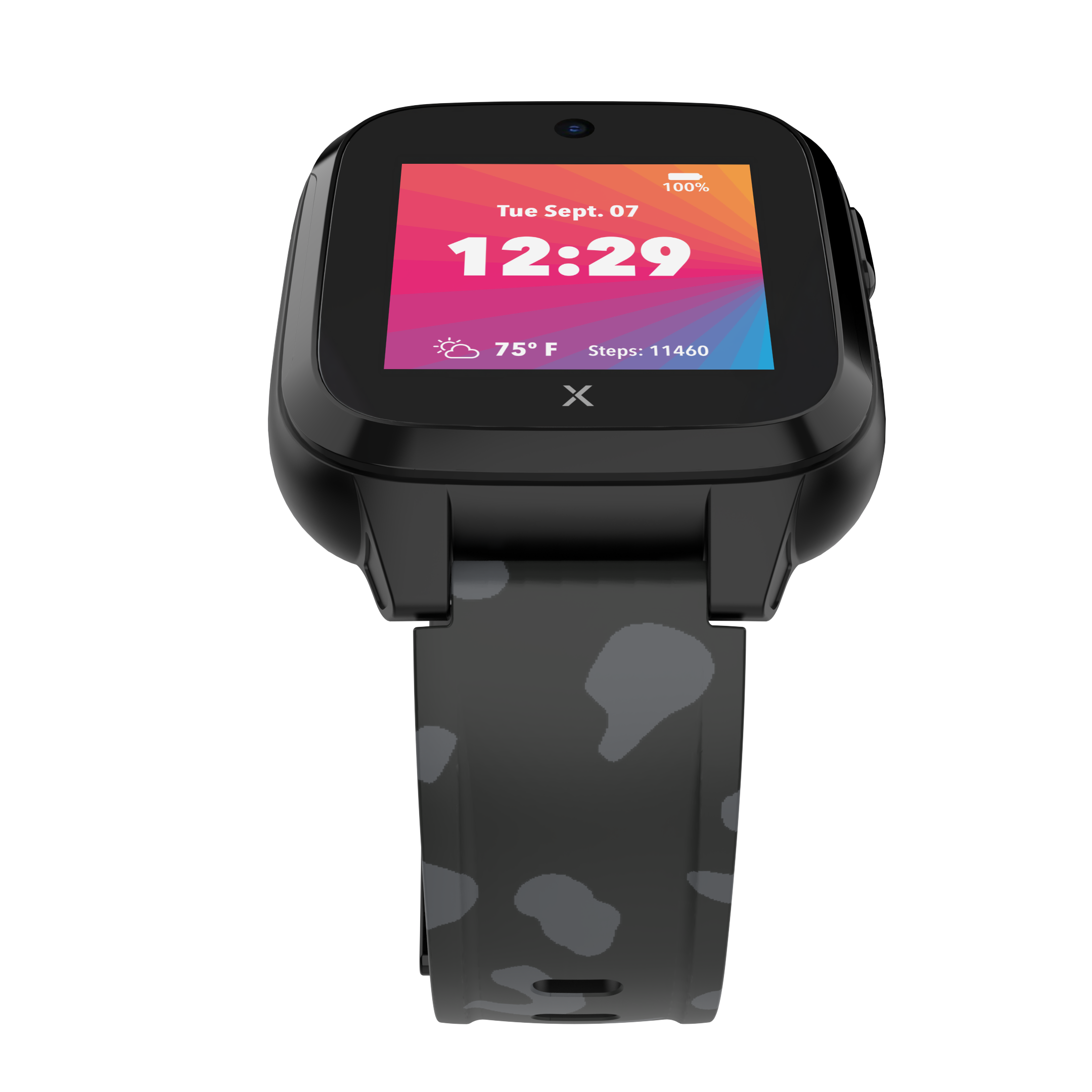 Black smartwatch with a pather-patterned band, displaying with a digital display showing the time, date, temperature, and step count. The watch has a black screen frame and a patterned blue wristband