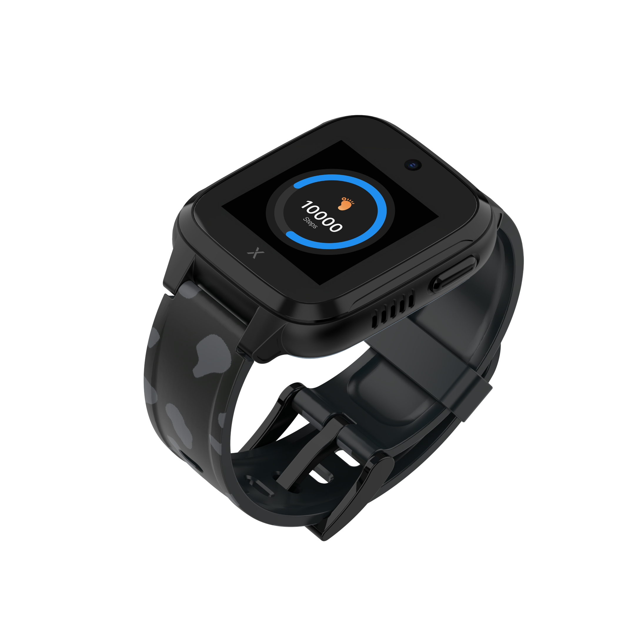 En svart Xplora XGO3 smartklocka lutad i vinkel, som visar stegräknarfunktionen på skärmen med en framstegscirkel på 10 000 steg.     