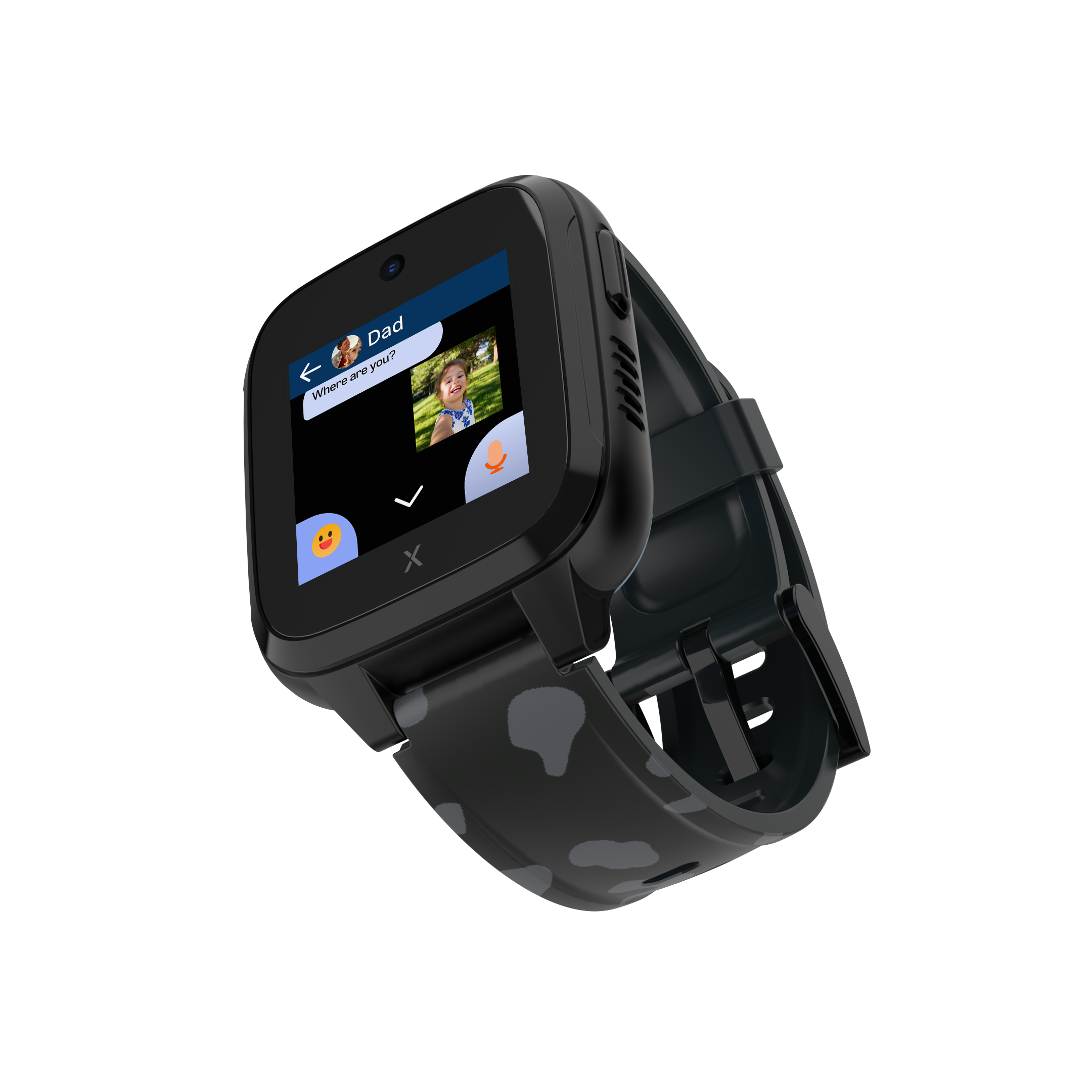 A black Xplora XGO3 smartwatch tilted to the side, displaying a messaging screen with a conversation between a child and 'Dad,' featuring a photo and emoji buttons.