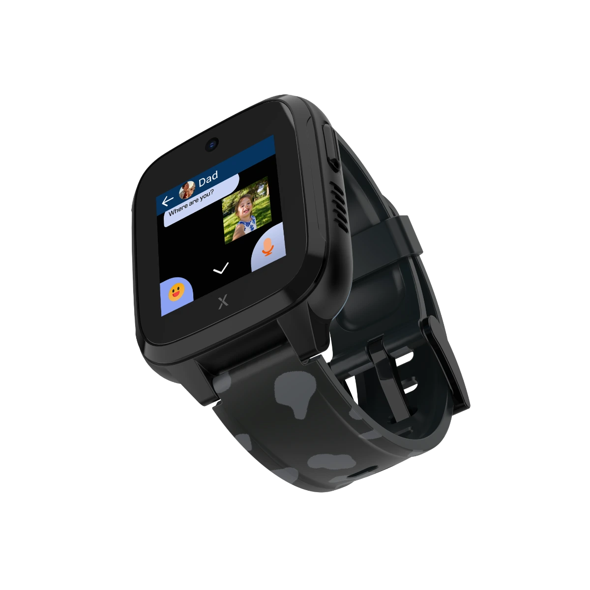 A black Xplora XGO3 smartwatch tilted to the side, displaying a messaging screen with a conversation between a child and 'Dad,' featuring a photo and emoji buttons.