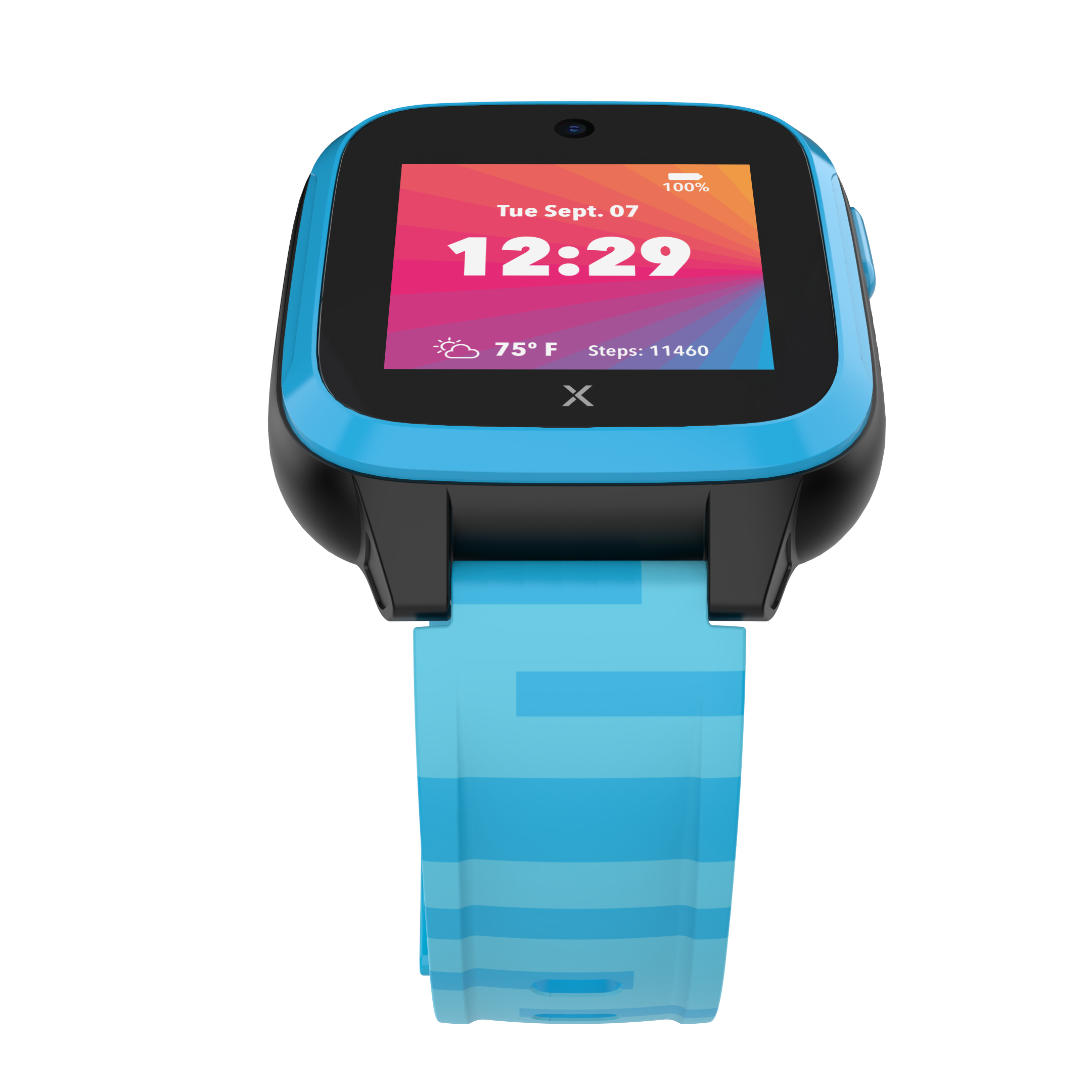 A blue Xplora XGO3 smartwatch with a digital display showing the time, date, temperature, and step count. The watch has a black screen frame and a patterned blue wristband