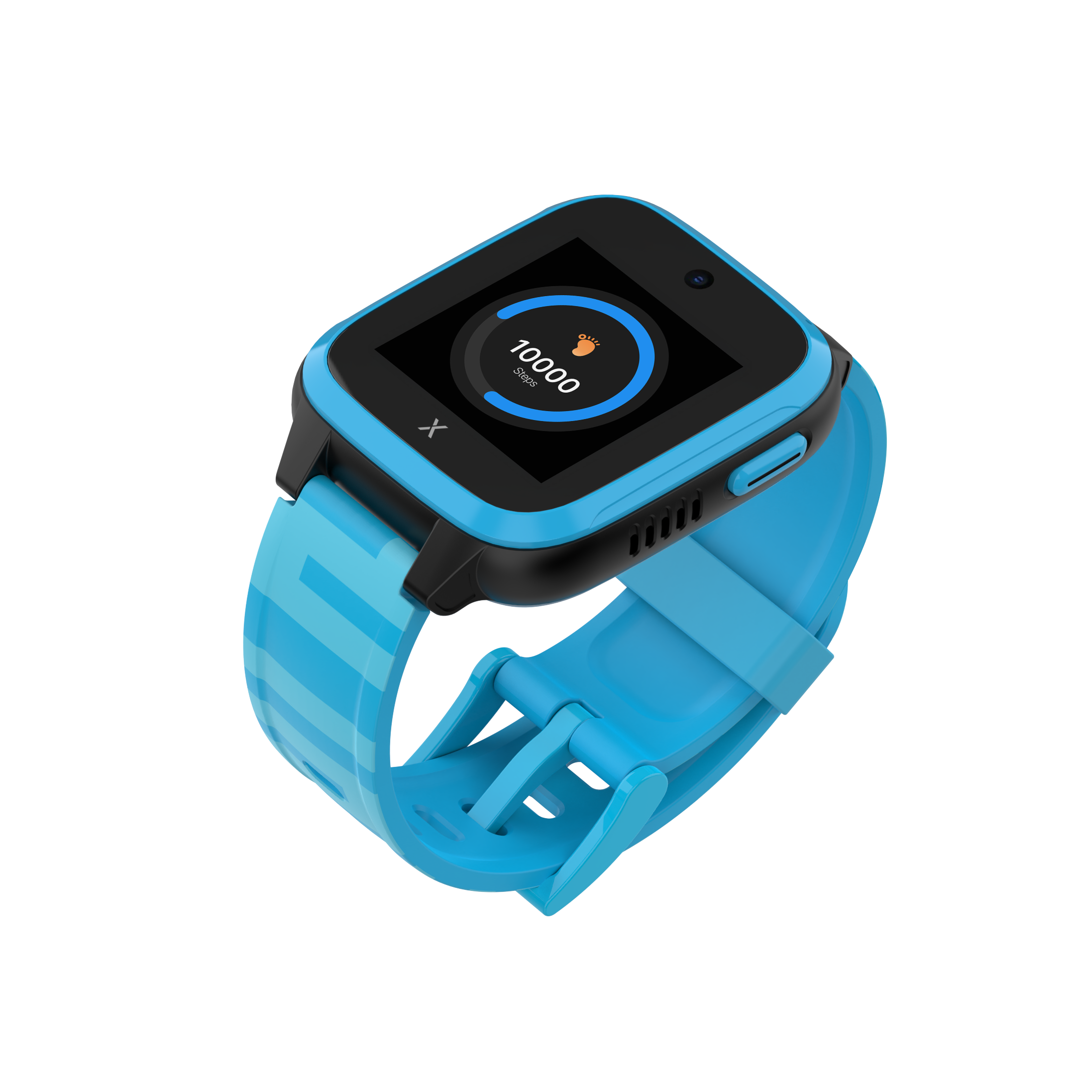 A blue Xplora XGO3 smartwatch tilted at an angle, displaying the step counter feature on its screen with a progress circle showing 10,000 steps.