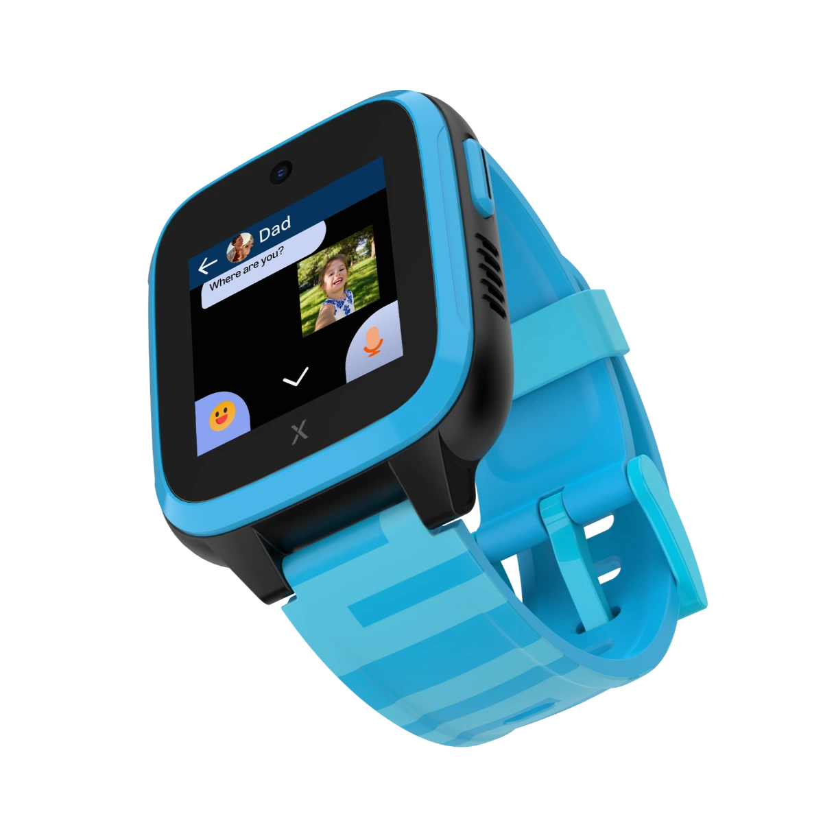 Blue smartwatch showing a messaging interface with 'Dad' asking, 'Where are you?' and a child’s photo, emphasizing real-time communication for kids.
