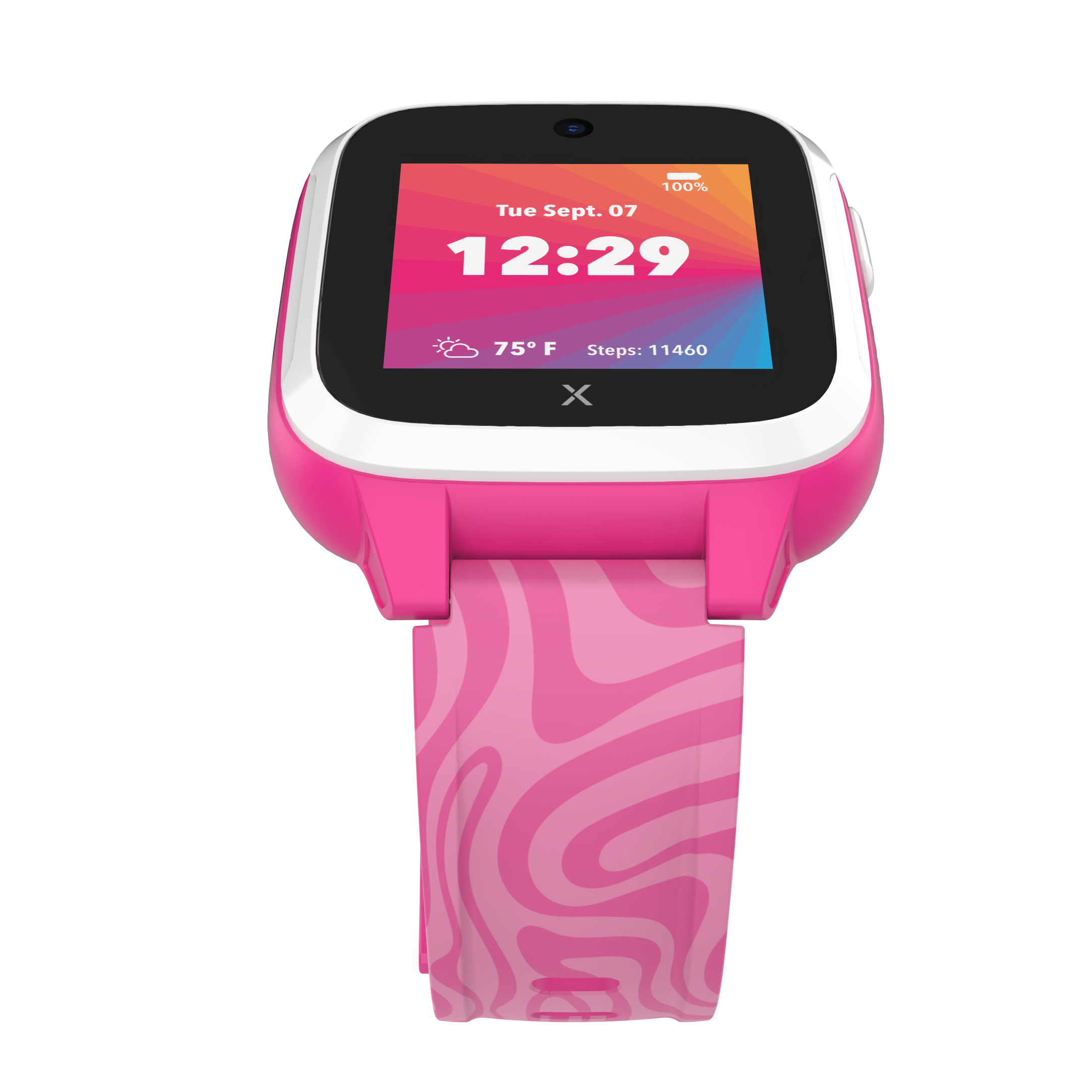 A pink Xplora XGO3 smartwatch with a colorful digital display showing the time, date, temperature, and step count. The watch features a black screen frame and a patterned pink wristband.